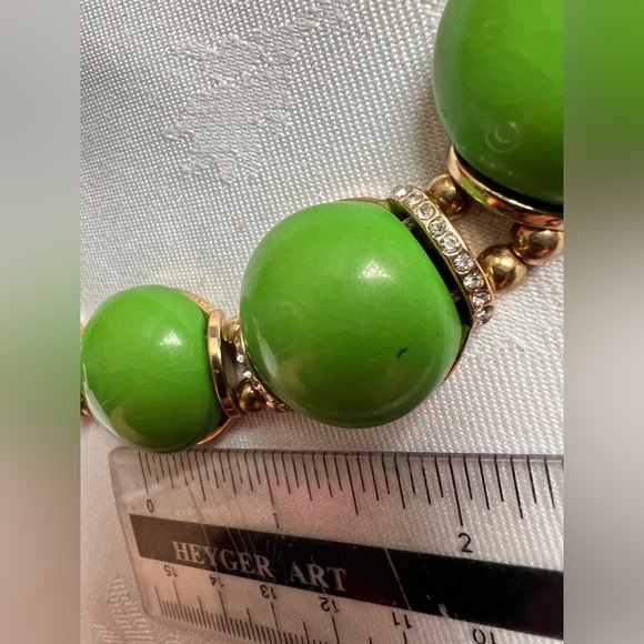 Vintage Art Deco Green cabochon Bubbles Necklace rhinestone spacer double golden - Picture 9 of 10